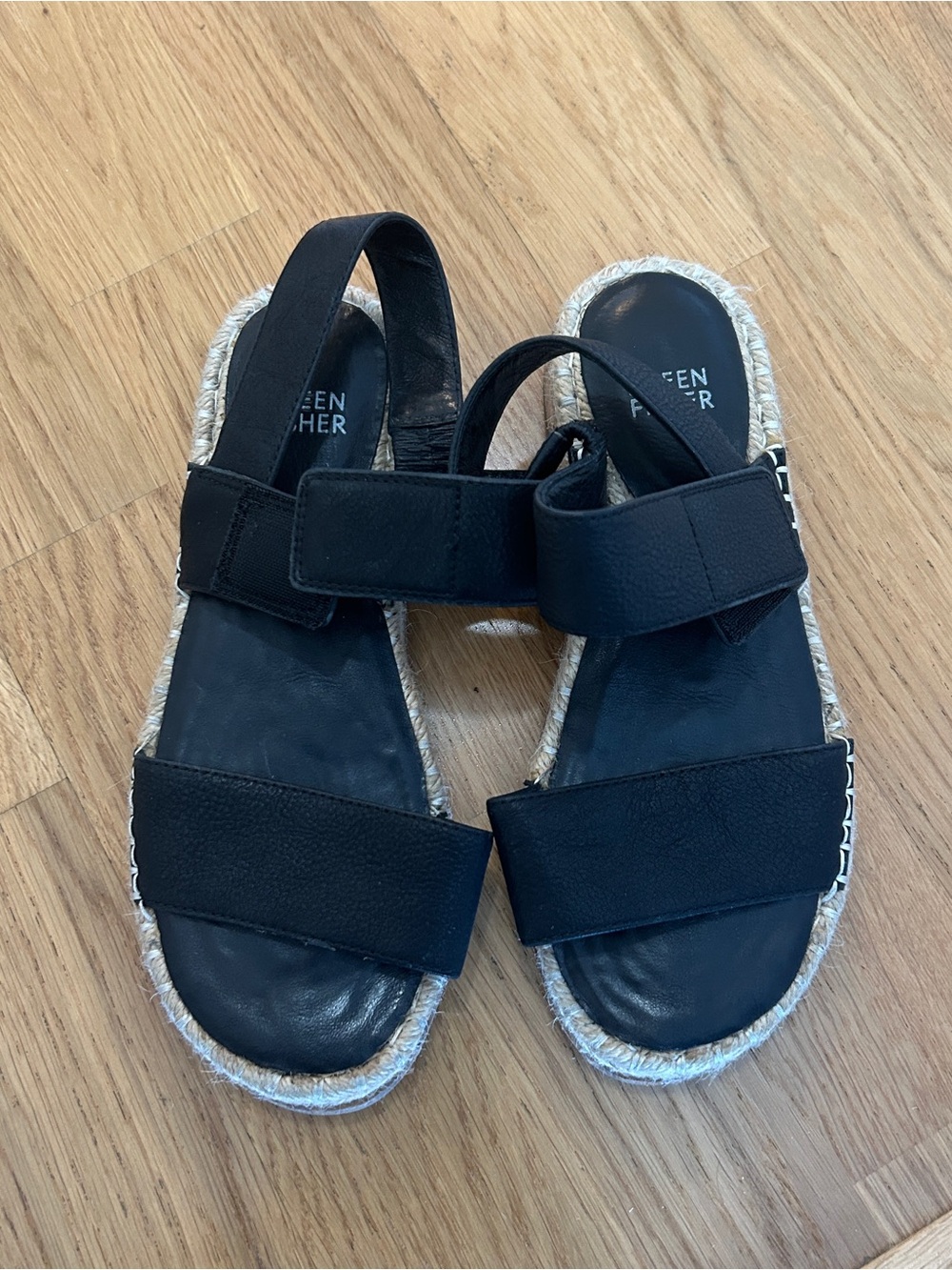 Eileen Fisher Black Velcro Espadrille Sandals